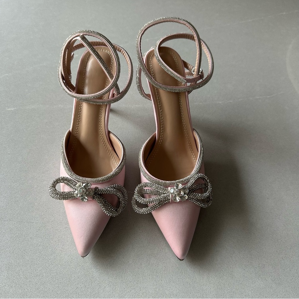 Light Pink Satin & Rhinestones Heels with Ankle Strap - Size 39 (US 8.5)
